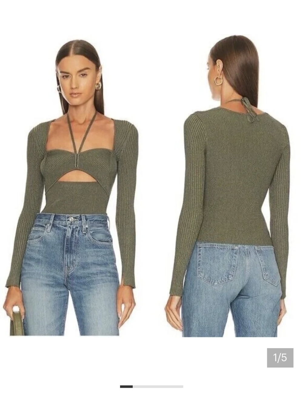 Jonathan Simkhai Alexia Marled Knit Long Sleeve Cutout Top in Green Like New, S